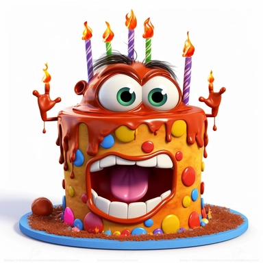 clipart of a messy two layer birthday cake, there is a funny face in the cake, candles, cartoon, for kids, funny, pixar, 8k, white background, sharp focus, detailed,
