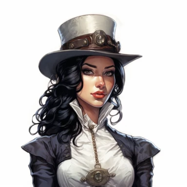 Solid white background. Waist-up illustration of a determined steampunk woman, her intense gaze and resolute smile reflecting her strong determination. Her alabaster skin and black hair beautifully contrast her attire in shades of white and iron, a testament to Victorian elegance and steampunk aesthetics. Instead of a hat, she wears a sleek headband adorned with industrial motifs. The background lacks any steampunk elements. Pastel clipart, hyper-realistic, retro-futurism, solid white backgroun