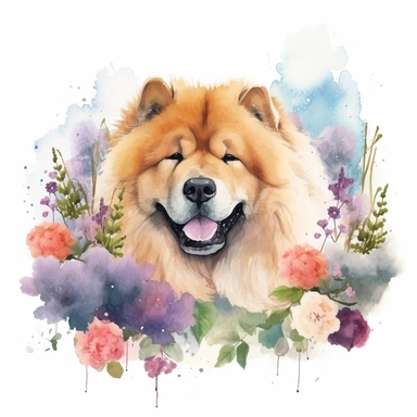A serene scene of a Chow Chow dog peacefully resting in a tranquil garden, surrounded by blooming flowers and lush greenery, with a white background and watercolor clipart.