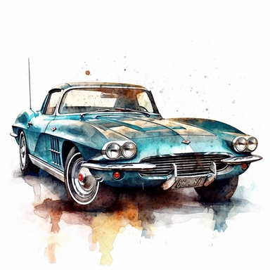 Capture the timeless beauty of a vintage automobile, like the iconic Corvette Stingray, in a vibrant watercolor clipart, showcasing its sleek lines and nostalgic allure. In HD on a white background.