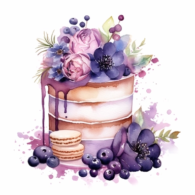 clipart, isolated on white background, Watercolor cake with flowers and berries, purple pallette, ornated, pastel colors