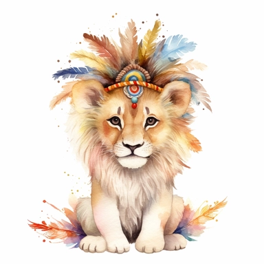 Playful watercolor cute Lion with indian feather crown clipart, isolated on white background, hd