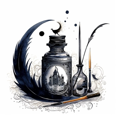 creepy magic ink bottle and quill pen with crescent moon clipart, detailed, white background, illustration painting, collaged constructions, digital art, watercolor, in the style of sculptural and geometric, forced perspective drawings, Geometric brushstrokes form an intriguingly abstract, in the style of dark fantasy, creepy frightening repulsive images, frightening, painterly figure, by Zdzisław Beksiński