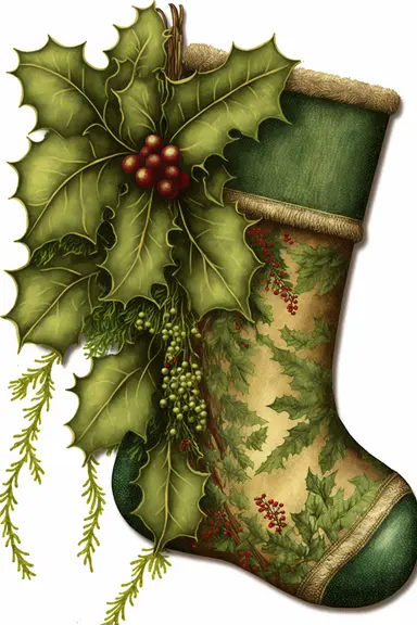 clip-art style Christmas stocking with greenery