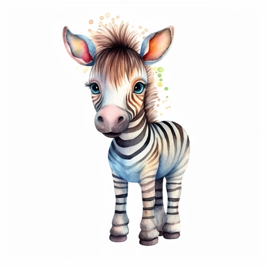 a colorful baby zebra with kind eyes clipart with watercolor illustration,full body shot,8k,etsy style, white background