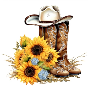 Western Hat And Cowboy Boots With Sunflowers Sublimation Design, Clipart Graphic, white background, high resolution, digital paint, high quality Design
