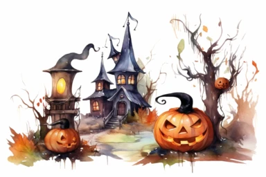 watercolor fantasy Halloween, clipart, white background