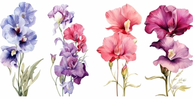Watercolor realistic Hollyhock, iris, morning glory orchid and peony floral cliparts with white background