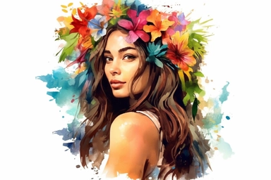 Beautiful hawaiian woman with colorful vibrant tropical flowers, watercolor clipart