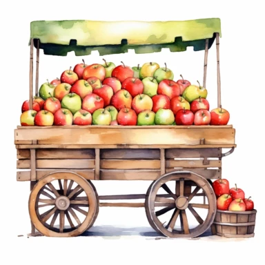 watercolor market stand with apples clipart, white background, realistic with high details, beautifully colored with strong palette pastel colors, 32k hd, detailed quality