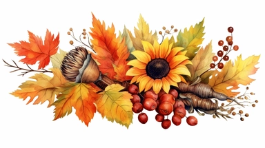Watercolor fall illustration. Autumn leaves, sunflower bouquet, maple leaf, rowan berries, oak leaf, acorn, mushrooms arragement. Thanksgiving clipart