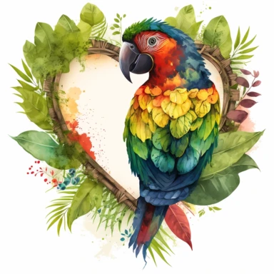parrot in a jungle heart frame, watercolor clipart, detailed, splashed, HD