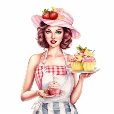Hand drawn pin up woman, wearing a bakers hat, pink and white striped apron, holding a lemonade cake with strawberries and blossoms, glamorous, half body, very detailed and realistic, watercolor, white background with margins, clipart style