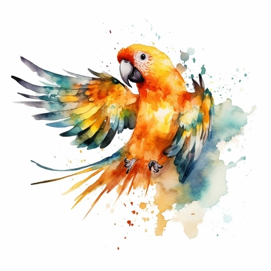 vibrant watercolor cute tropical orange parrot flapping wings clipart isolated no background