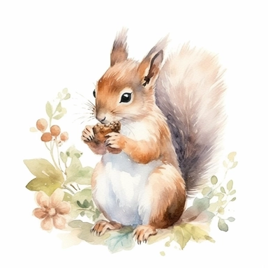 A watercolor clip-art featuring a playful squirrel with acorns, pastel colors, white background, scrapbooking, intricate details, visible brush strokes and realistic painting, on the theme of spring woodland animals and trending on Etsy