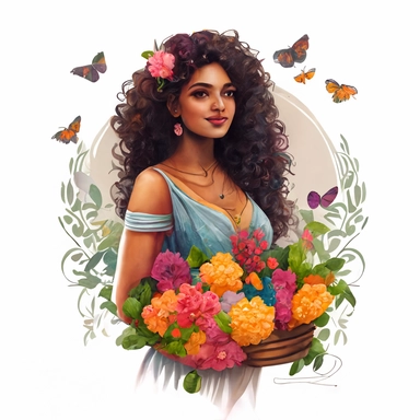 a gorgeous Indian woman, curly hair with ruffles, big basket with flowers in her hand, luxury, chain of flowers in the background, butterflies, dandelions, vibrant colors, dressed in several dresses, white background, clipart