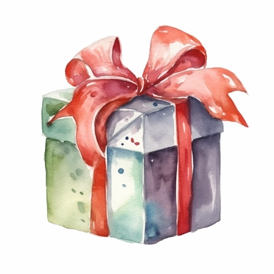 watercolor single christmas present with bow, clip art, high quality