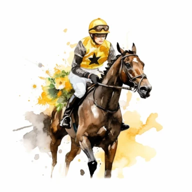 race horse, with jockey, with yellow flowers water color, white backhround, clipart