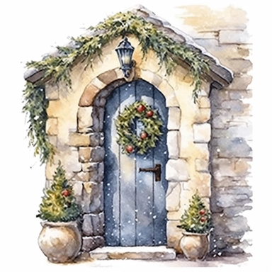 detailed watercolor clipart, photography style, beautiful christmas magic, stone wall, magical door open to Christmas village, holly, ivy, HDR, winter snow, self shadow, white background