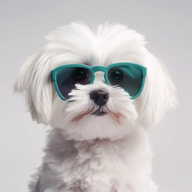 A hyper-realistic adorable Maltese puppy dog wearing stylish sunglasses, placed against a white background in a clip art style. Cinematic, hyper-detailed, with insane detail and beautiful color grading. Created using Unreal Engine, featuring depth of field, super resolution and megapixel resolution. Enhanced with cinematic lighting, anti-aliasing techniques such as FKAA and TXAA, and utilizing RTX technology for realistic reflections. Additional effects include screen-space ambient occlusion (SS