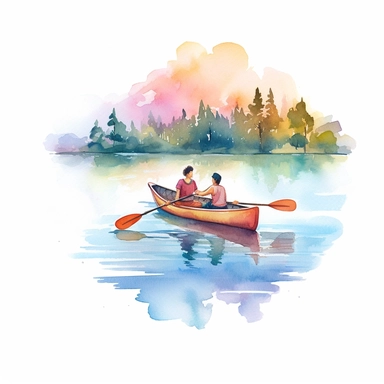 watercolour clipart, canoeing activity on a lake, considering the following: Fun atmosphere, Family Daytime, Bright ambiance, Vast lake, flatland lake, simply
