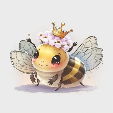 non-distinct white background, clip art, smiling, kawaii, watercolor, photo realistic, Ghibli, anime, queen bee, crown, hive