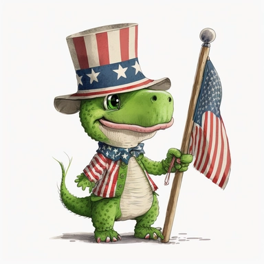 a happy cute light green baby American Alligator stuffed toy wearing a large vibrant uncle Sam hat and a USA jumper, holding a flagpole with bright USA American flag watercolour pencil detailed clipart pure white background