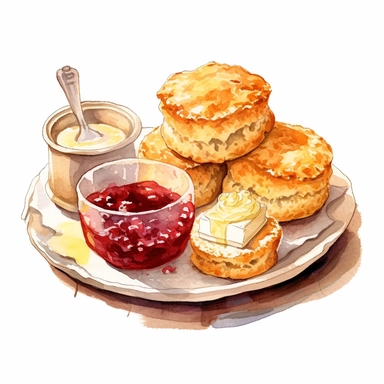 a cozy watercolor clipart image with a white background, showcasing a tray of warm and buttery scones, served with jam and clotted cream.