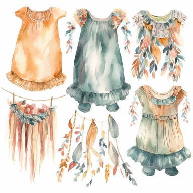 Design a set of watercolor clipart featuring bohemian-style baby clothes such as flowy dresses, rompers, and fringed vests. Use earthy tones and delicate lines to capture the free-spirited vibe, white background