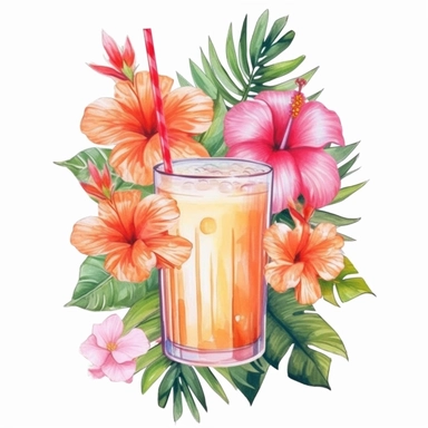 Pastel Cute Beautiful Hawaii Drinking tropical flower Watercolor Sublimation Clipart,Cartoon, hyper realistic, intricate detail, illustration style,high solution,on the white background