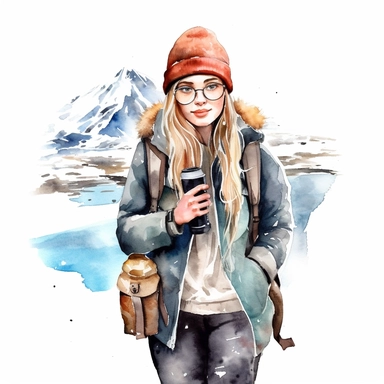 iceland, travel girl watercolor clipart white background