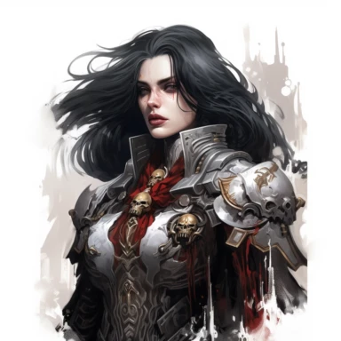 beautiful ADEPTA SORORITAS warhammer 40k fantasy character, dark hair, paint art style, clipart, white background, superrealistic, one of a kind