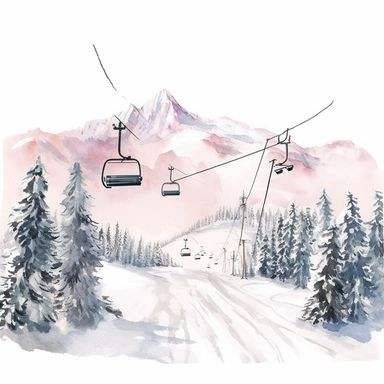 hand drawn , watercolor, hyper realistic, white background, white margins, 16k, ultra detailed clipart, cut out image, hand-drawn, ultra HD, sharp and clean art a vintage ski resort with delicate floral , capturing the romantic and feminine aesthetics often associated with vintage fashion and travel. light pink pastel