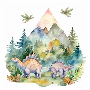 friendly, fluffy watercolor dinosaurs clipart, in mountains, forest, separated, seamless, transparent background--AR 3:2
