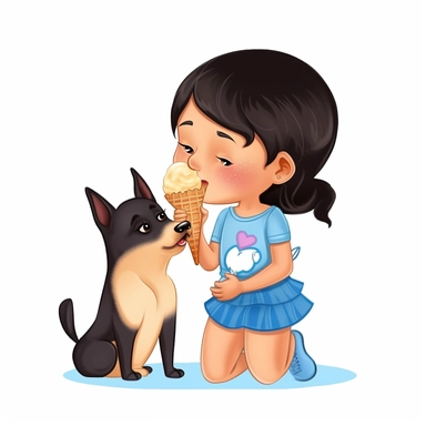 light skin toddler girl with black hair and blue dress and a light-brown canaan dog licking an ice cream cone drawn in children's book style clipart