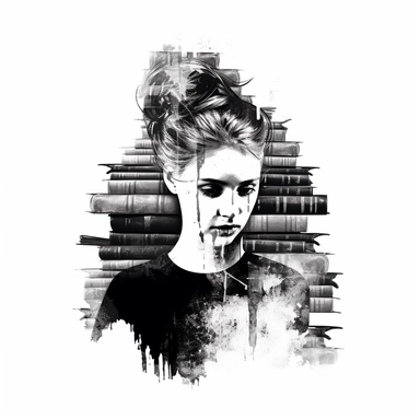 double exposure: a black shape of a beautiful girl's head with a messy bun, inside there is a bookcase with lots of books, clipart, isolated on white background, 4K,