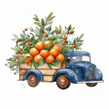 watercolor blue and red truck transfer the oranges tree and some oranges dropping along the way vector clipart, , hd, light olive, white background--s1000