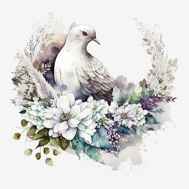clipart aquarelle watercolor, detailed ans realistic, white background. beautiful flower tribute in white color, white theme, Bouquet for funeral, loss, sorry, with additions like sash ribbon, white dove