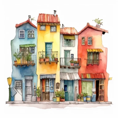 Very cute and Whimsical street of Buenos Aires, cute houses, folkloristic La Boca neighborhood, beautiful, Watercolored illustration, clipart, white background
