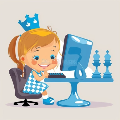 little girl, playing chess on computer, big chess pieces, cute, happy, clipart, vector, blue