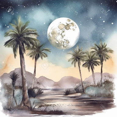 clipart style, watercolor scene of A captivating image of an Enigmatic Desert Oasis, featuring a mesmerizing night scene. The moon casts a soft glow on a secluded oasis, where palm trees sway gently in the breeze. The sparkling stars in the clear night sky add an ethereal touch to the enigmatic atmosphere, HD, on white background