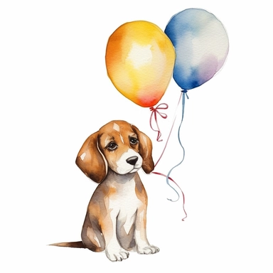 watercolor A clip art 4 set of images featuring a cute beagle with a balloon isolated white background, minimalist, 8K , C20