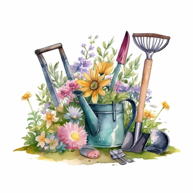 cute clipart of garden tools with grass and flowers in style of watercolor on transparent background