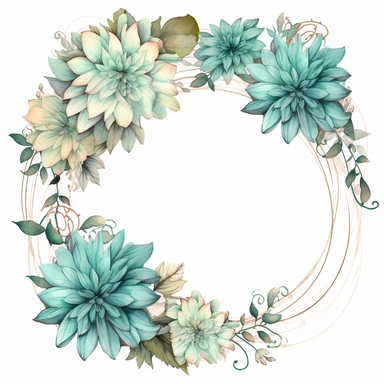 a floral frames made with teal and pastel teal Dahlia flowers, wet on dry watercolour style, antique look, clipart, white background