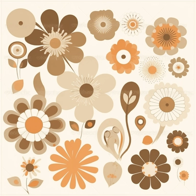 retro hippie vintage florals, simple design, groovy, algeapunk 1960s, clipart neutral tones