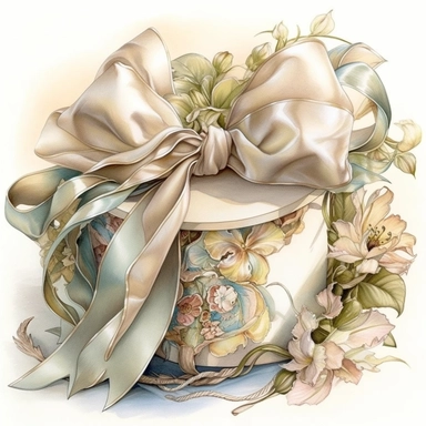 insanely beautiful wrapped gift , in the style of beatrice potter and jody Bergsma, silk bow,32k uhd, hand-painted details, pastoral illustrations, amazing colour combinations , aquarellist, hd , white background clipart ,-- no watermark--ar 27:37
