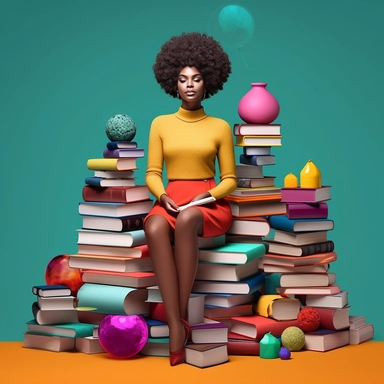 imagination, Clipart illustration of afro cosmepolitian woman sitting on top of books, realistic in the style of nene thomas, 100k background, Abstract, Colorful, beautifully color - coded, beautifully color graded, Unreal Engine, Cinematic, Color Grading, Editorial Photography, Photography, Photoshoot, Shot on 70mm lense, Depth of Field, DOF, Tilt Blur, Shutter Speed 1/ 1000, F/ 22, White Balance, 32k, Super - Resolution, Megapixel, ProPhoto RGB, VR, Lonely, Good, Massive, Halfrear Lighting, Ba