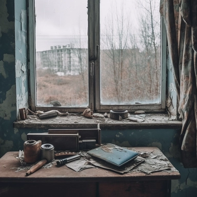 A view of the abandoned Soviet town of Pripyat in the Chernobyl Exclusion Zone through a home window. On the windowsill there are: a broken camera, a Makarov pistol and one clip for it. image colors: depressive gray and blue