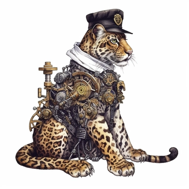 A steampunk style mechanic leopard with watercolor effect, with black effects, white background, watercolor, hyperrealism, high detail, isolated elements, clipart,