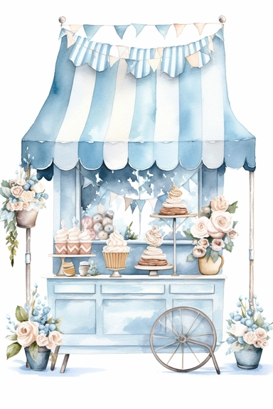 Watercolor wedding icecream blue stand, wedding clipart, simple, soft colors, cartoon elements, watercolor boho style, white transparent